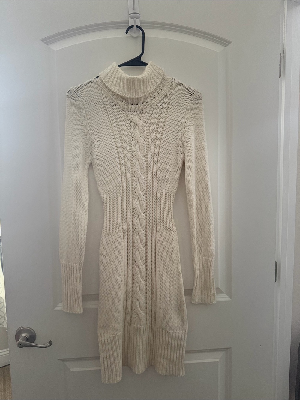 Cream Cable-Knit Turtleneck Sweater Dress
